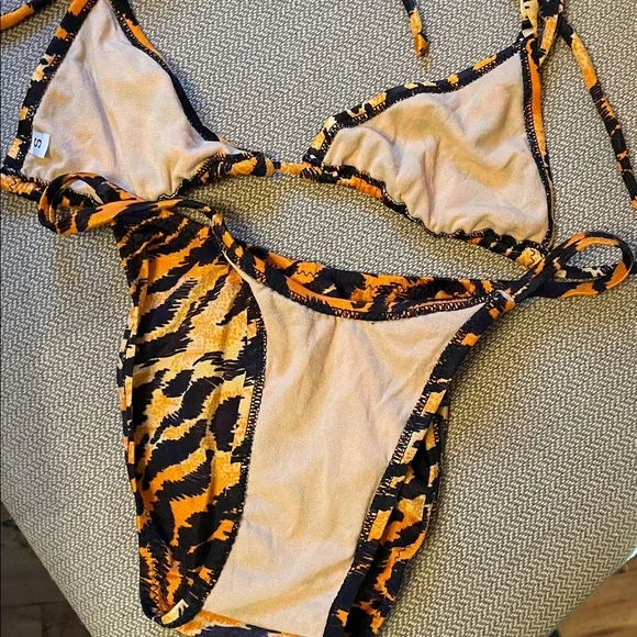 Vintage Skinz 80s 90s black orange Tiger Stripe String Skimpy Bikini XS Small - Picture 10 of 11